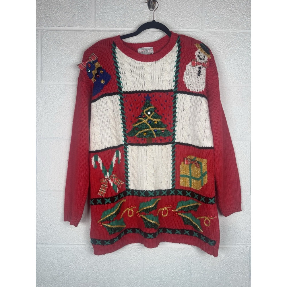 Vintage Spice of Life Ugly Christmas Sweater M Snowman Tree Bells Gift Knit